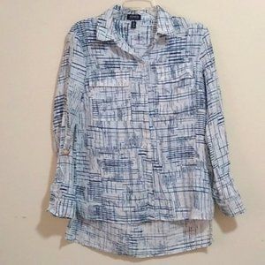 Jones 100% Linen pattern long sleeve high low chest pockets button down S